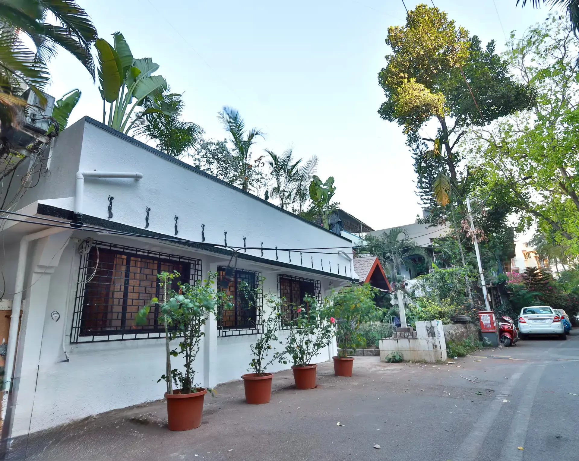 The single-storey white bungalow with potted plants along its wall