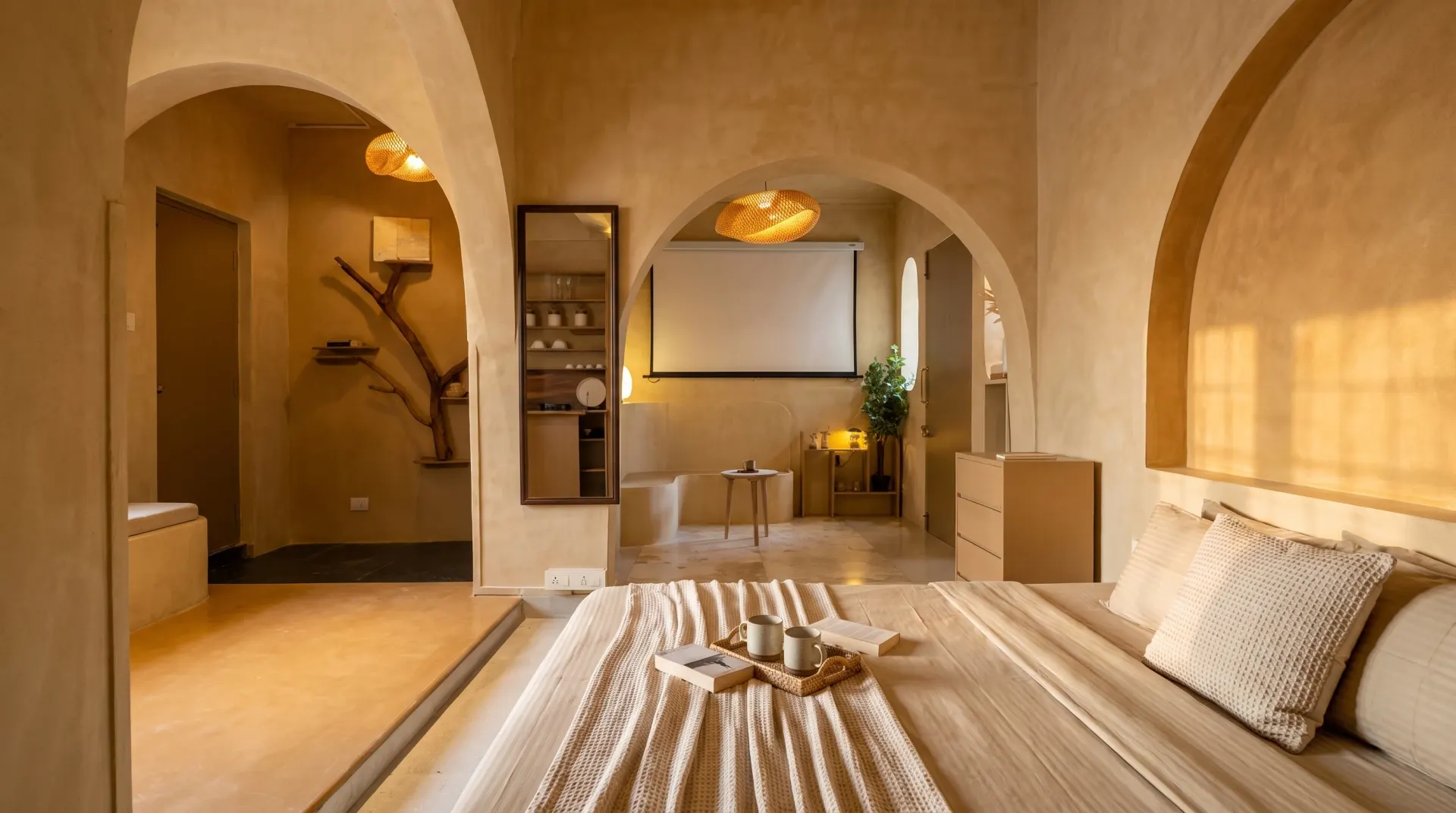 Golden arches and woven lighting inside Beige Burrow