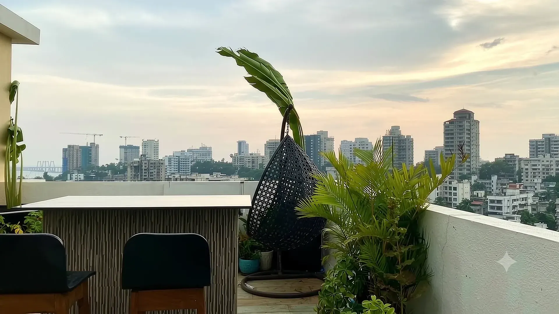 The terrace and skyline of Sky Lounge